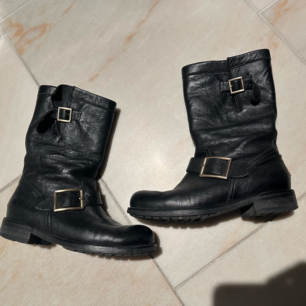 Jimmy Choo black leather biker combat boots size 36.5 6.5